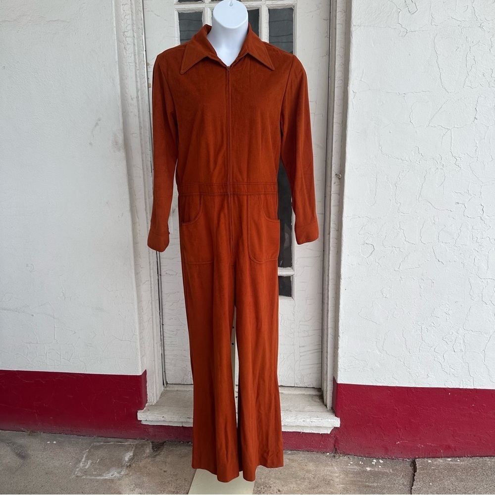Vintage Mr. tall Rust Velvet Zippered Collared Jumsuit Size 44 (Medium)‎
